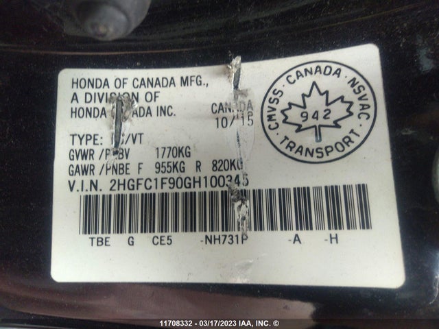 Honda Civic Touring 2016 2HGFC1F90GH100345 Image 9