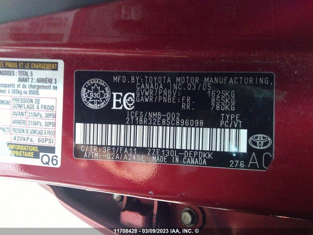 Toyota COROLLA CE/LE/S 2005 2T1BR32E85C896098 Image 10