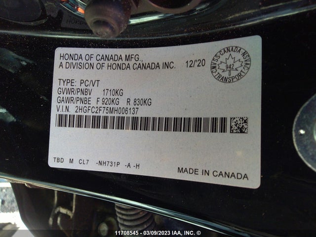 Honda CIVIC EX 2021 2HGFC2F75MH006137 Image 11