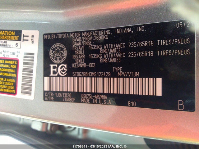 Toyota Highlander Xle 2021 5TDGZRBH3MS122429 Image 11