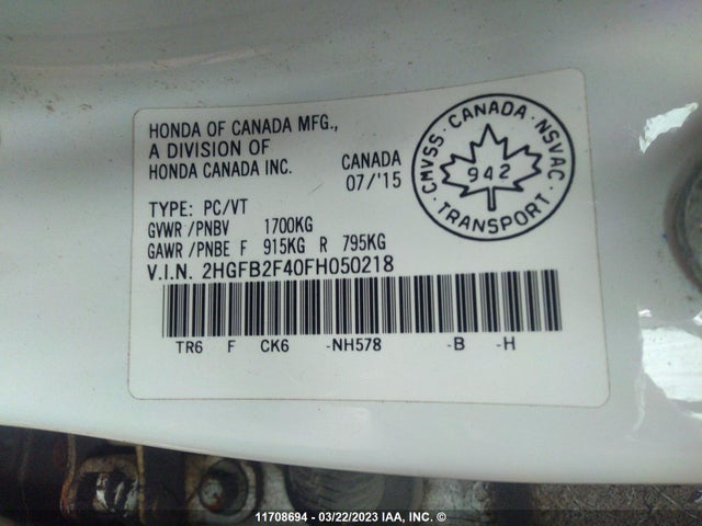 Honda Civic 2015 2HGFB2F40FH050218 Image 9