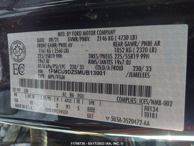 Ford Escape Titanium 2021 1FMCU9DZ5MUB13001 Image 11