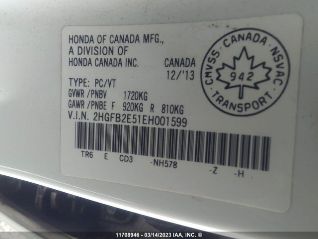 Honda Civic Ex 4dr 2014 2HGFB2E51EH001599 Image 9