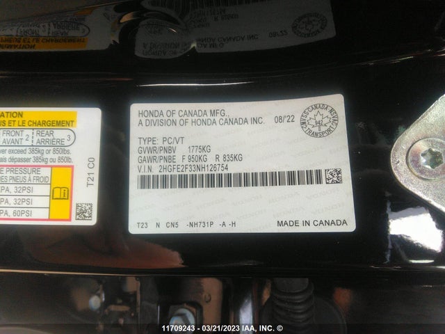 Продажа на аукционе авто 2022 Honda Civic Ex, vin: 2HGFE2F33NH126754, номер лота: 11709243