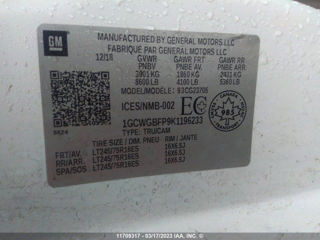 Chevrolet Express G2500 2019 1GCWGBFP9K1196233 Image 9
