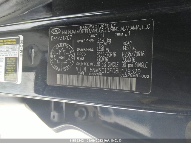 Hyundai Santa Fe Gl 2008 5NMSG13E08H179329 Image 10