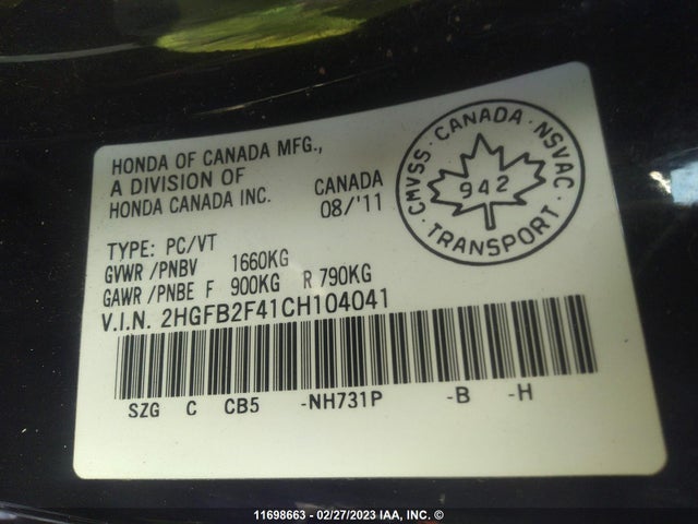Honda Civic Lx 2012 2HGFB2F41CH104041 Image 10