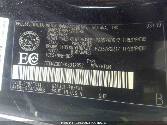 Toyota SIENNA LE 2019 5TDKZ3DC4KS012852 Image 9