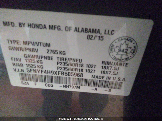 Honda Pilot Touring 2015 5FNYF4H9XFB505968 Image 10