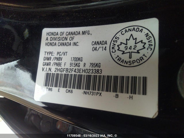 Honda Civic Lx 2014 2HGFB2F43EH023383 Image 9