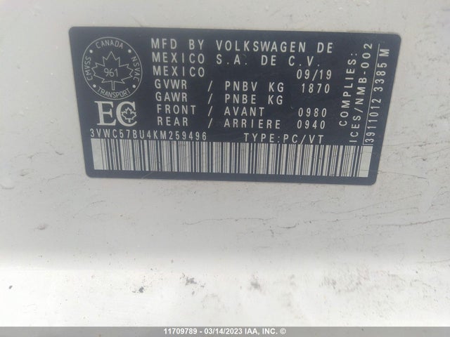 3VWC57BU4KM259496 Volkswagen Jetta S/se/r-line
