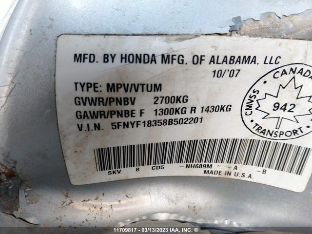 Honda PILOT SE 2008 5FNYF18358B502201 Image 11