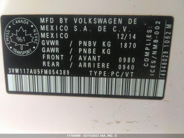 3VW117AU5FM054389 Volkswagen GOLF