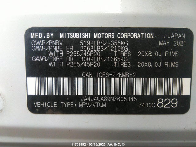 JA4J4UA89NZ605345 Mitsubishi Outlander Se/black Edition