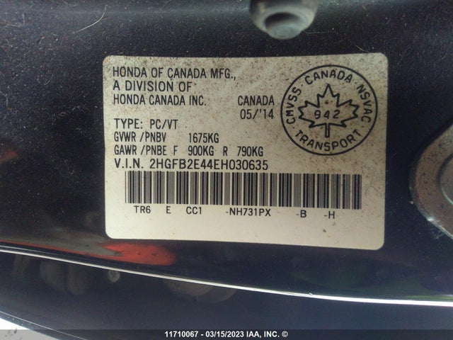 Honda CIVIC 2014 2HGFB2E44EH030635 Image 10