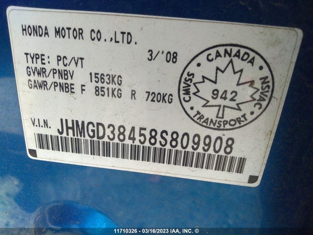Honda Fit 2008 JHMGD38458S809908 Image 10