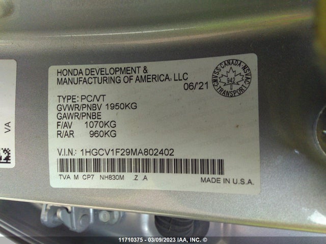 Honda ACCORD SE 2021 1HGCV1F29MA802402 Image 11