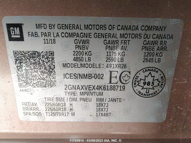 Chevrolet EQUINOX LT 2019 2GNAXVEX4K6188719 Image 9