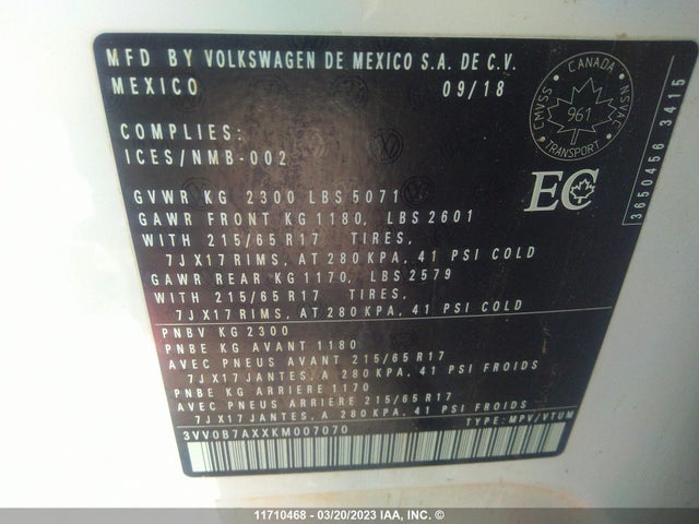 3VV0B7AXXKM007070 Volkswagen TIGUAN S