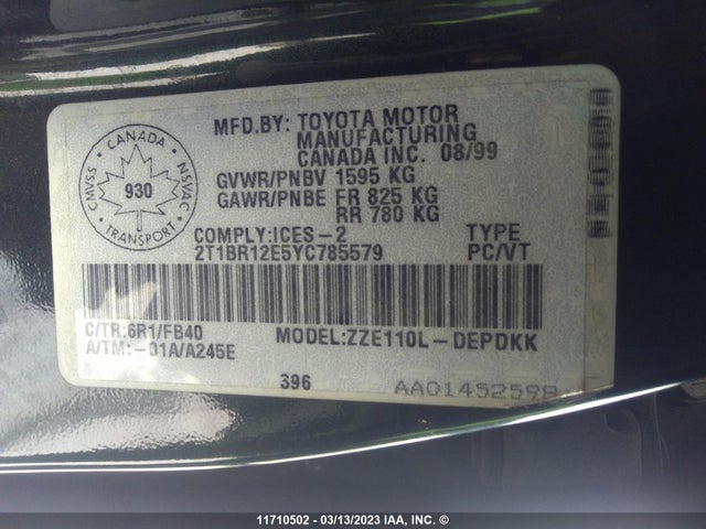 Toyota Corolla Ve/ce/le 2000 2T1BR12E5YC785579 Image 10