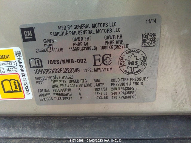 Chevrolet Traverse 2015 1GNKRGKD2FJ223349 Image 9