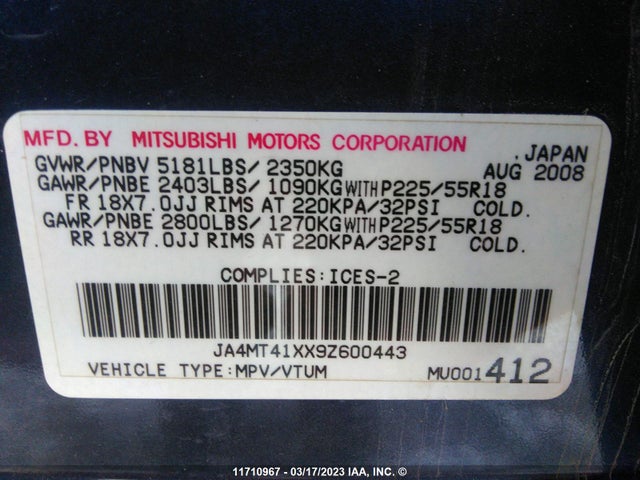 JA4MT41XX9Z600443 Mitsubishi Outlander Xls