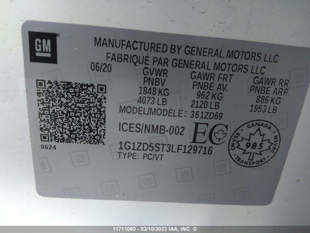 Aukcja sprzedaży 2020 Chevrolet Malibu Lt, vin: 1G1ZD5ST3LF129716, numer aukcji: 11711060