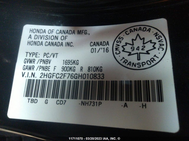 Honda Civic 2016 2HGFC2F76GH010833 Image 9