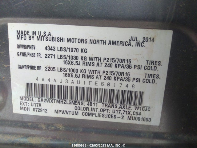 4A4AJ3AU1FE601748 Mitsubishi RVR SE