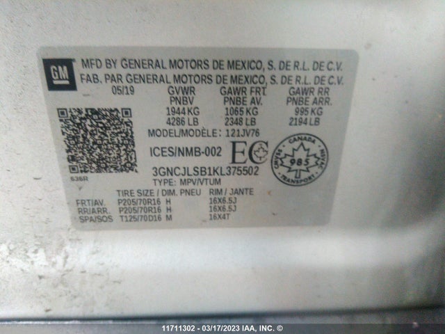 Chevrolet TRAX 1LT 2019 3GNCJLSB1KL375502 Image 9