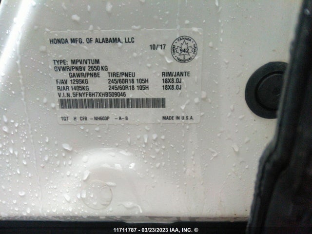Honda PILOT EXLN 2017 5FNYF6H7XHB509046 Image 9