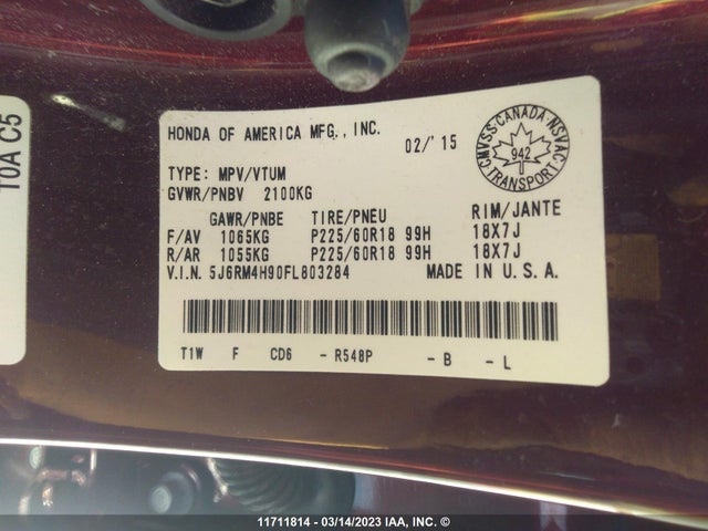 Honda Cr-v Touring 2015 5J6RM4H90FL803284 Image 10