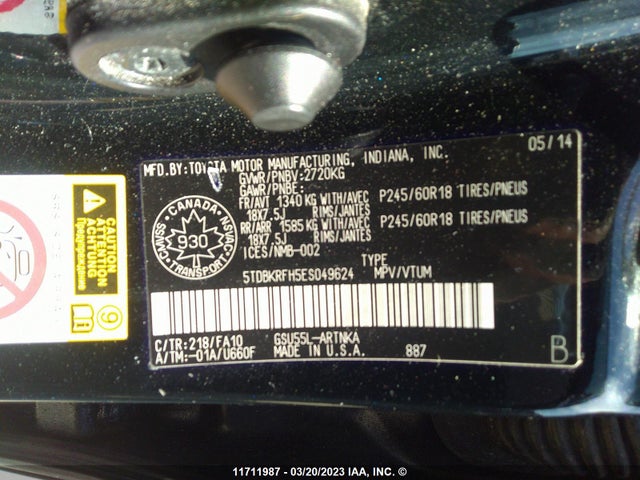 Toyota Highlander Le/le Plus 2014 5TDBKRFH5ES049624 Image 9