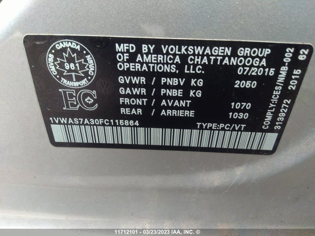 Volkswagen PASSAT S 2015 1VWAS7A30FC115864 Image 9
