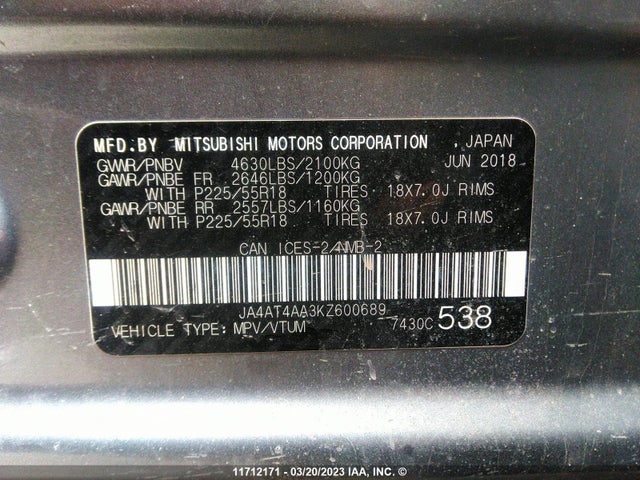 JA4AT4AA3KZ600689 Mitsubishi Eclipse Cross Le/sp