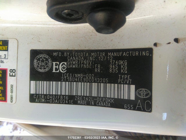 11702361 :رقم المزاد ، 2T1BU4EE9DC013205 vin ، 2013 Toyota Corolla S/le مزاد بيع