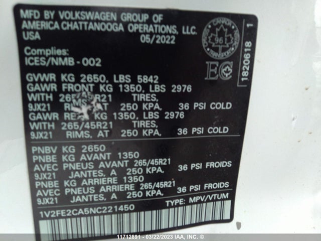 1V2FE2CA5NC221450 Volkswagen Atlas Cross Sport Se