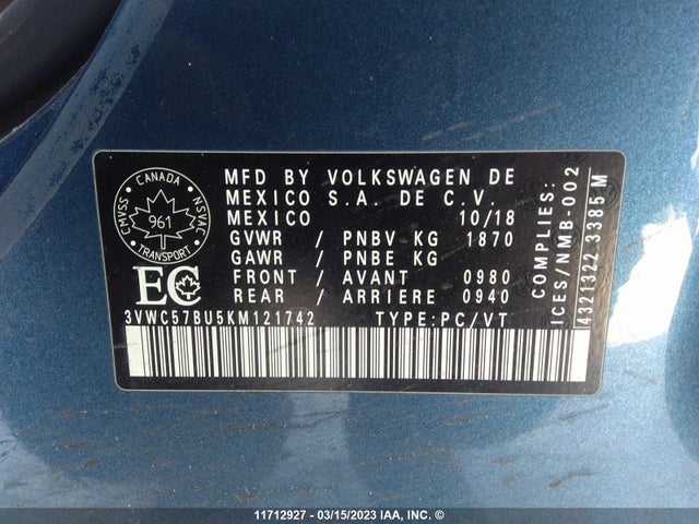 3VWC57BU5KM121742 Volkswagen Jetta S/se/r-line
