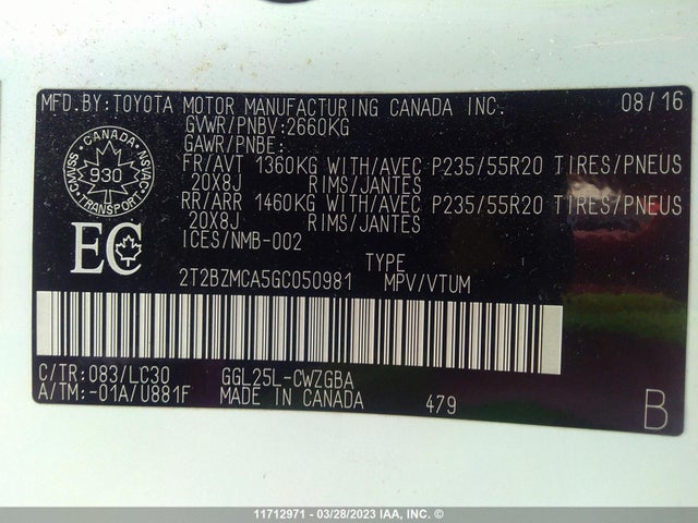 2T2BZMCA5GC050981 Lexus Rx 350/base/f Sport