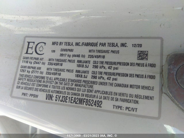 Tesla MODEL 3 2021 5YJ3E1EA2MF852492 Image 9