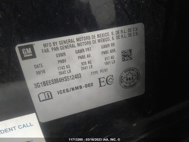 Chevrolet CRUZE LT 2017 3G1BE6SM4HS512483 Image 9