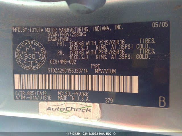 Toyota SIENNA CE 2005 5TDZA29C15S333714 Image 10