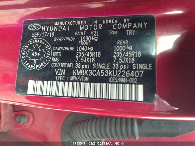 Hyundai Kona Limited 2019 KM8K3CA53KU226407 Image 11