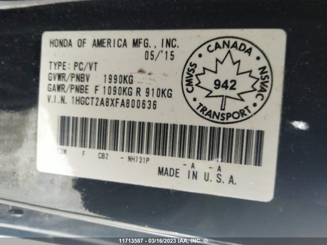 Honda ACCORD EXL 2015 1HGCT2A8XFA800636 Image 11