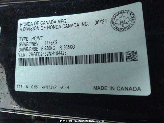 Honda CIVIC 2022 2HGFE2F32NH104423 Image 9