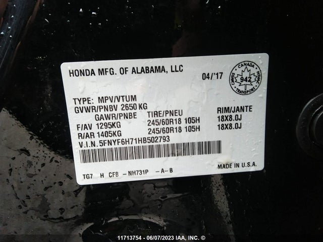 Honda PILOT EXLN 2017 5FNYF6H71HB502793 Image 10