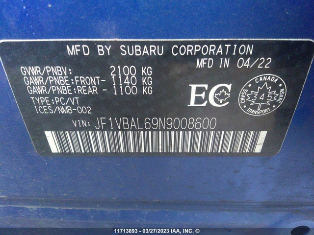 JF1VBAL69N9008600 Subaru WRX