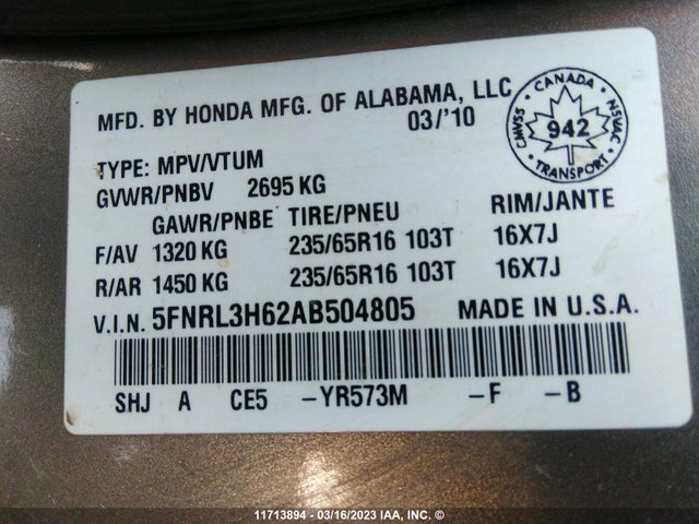 Honda ODYSSEY EXL 2010 5FNRL3H62AB504805 Image 9