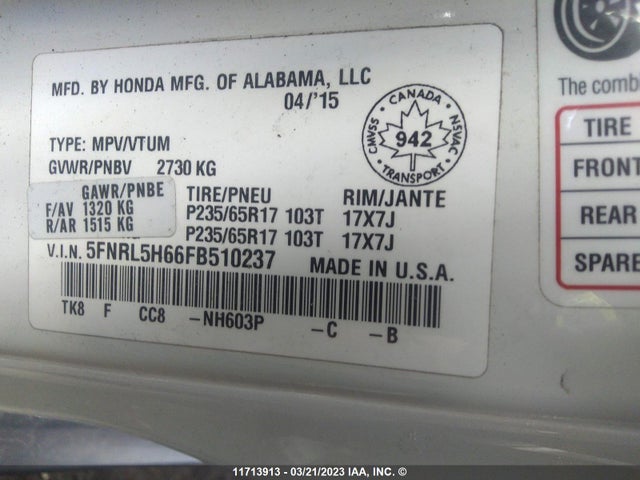Honda ODYSSEY 2015 5FNRL5H66FB510237 Image 10