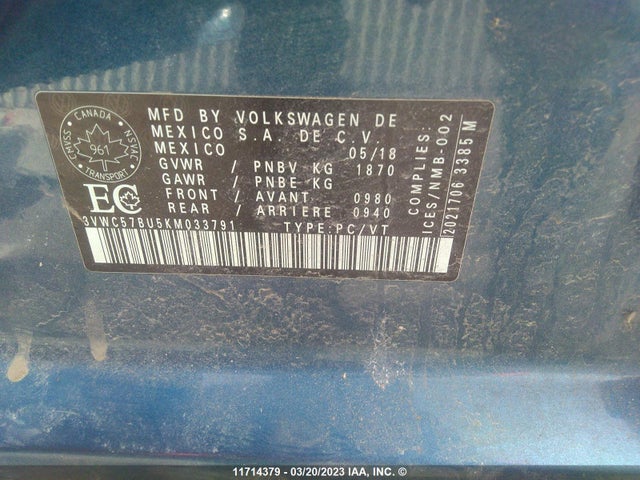 3VWC57BU5KM033791 Volkswagen Jetta S/se/r-line